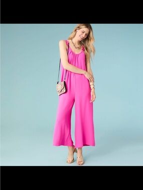 Coco + Carmen Madeline Sleeveless Hot Pink Wide-Leg Romper w/ruffled straps.
